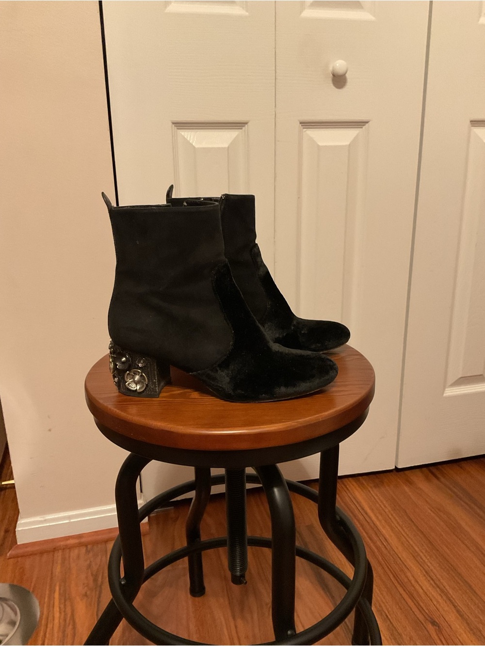 Coach Black Velvet and suede Ankle Boots with Embellished Heel